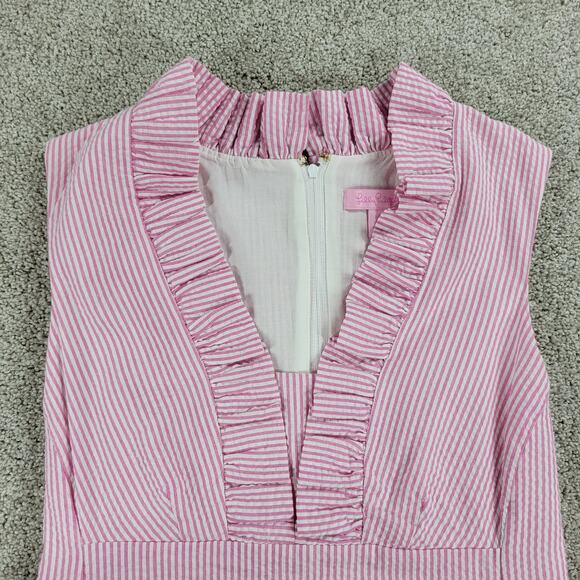 Lilly Pulitzer Adeline Dress Womens 2 Pink White Stripe Seersucker Mini Ruffles - Picture 2 of 12